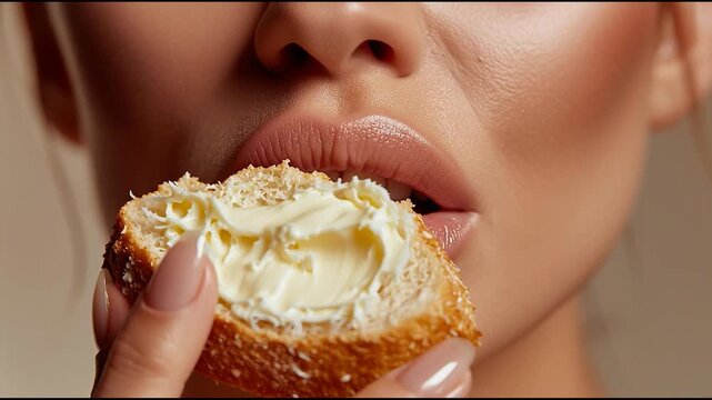 Close-up of woman about to eat slice of bread with creamy butter, highlighting soft textures and sensual food moment