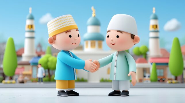Two Indonesian Muslim men shaking hands, greeting