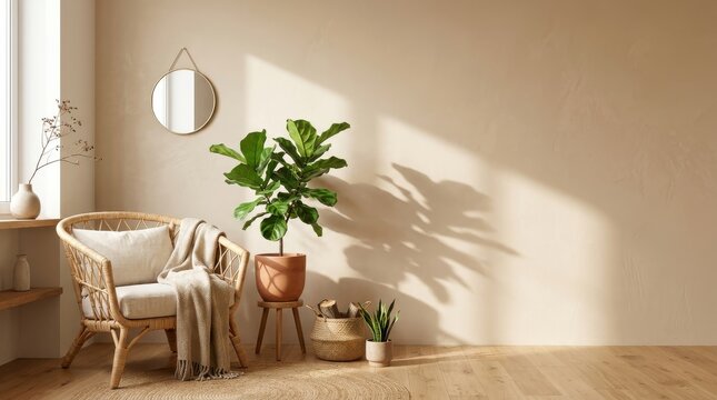 A modern dining room interior features a luxury wooden table and chairs set against a bright window and minimalist wall decor in a stylish indoor home setting
