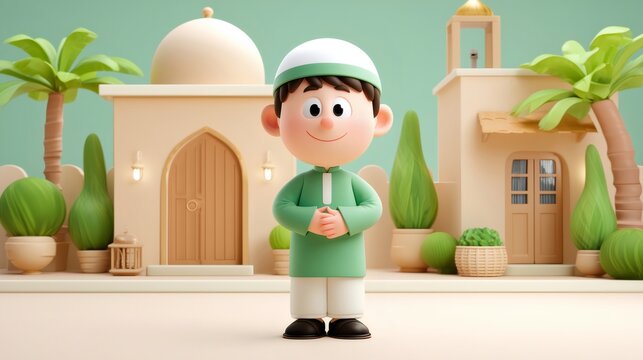 3D Character of Muslim boy in traditional village