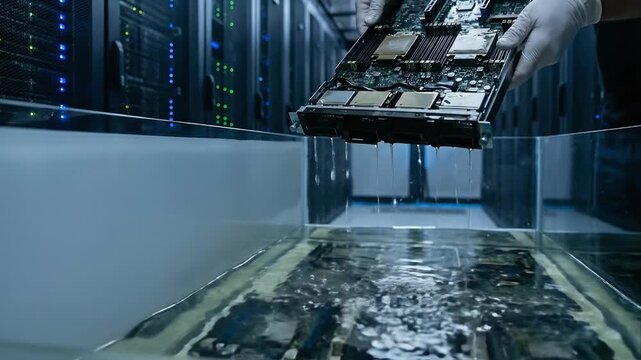 Data center liquid immersion cooling system reduces energy consumption as technician hand in glove slowly lifts wet server blade from clear tank in modern server room for efficient cooling operation
