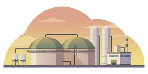 Biogas factory with domes and pipes in flat style on sky background, concept of renewable energy facility. Vector illustration © GN.STUDIO