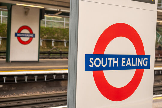 LONDON - South Ealing tube station &ndash; iconic Underground roundel sign