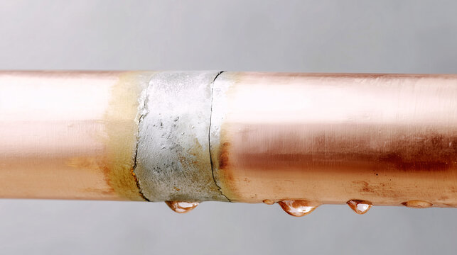 An old pipeline is covered with rust and water droplets.
