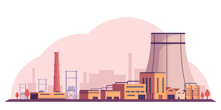 Industrial factory buildings in flat style on a soft pastel background showing energy production concept. Vector illustration