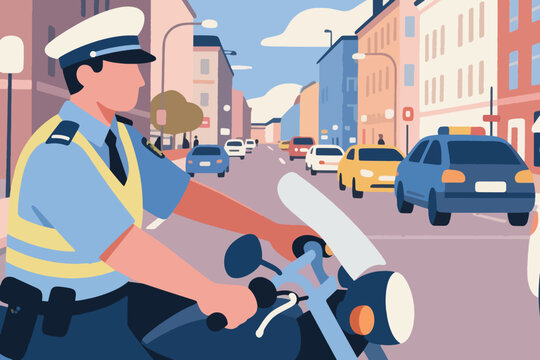 Illustration Of A Police Officer Riding A Motorbike, Patrolling Traffic Vector Design Template