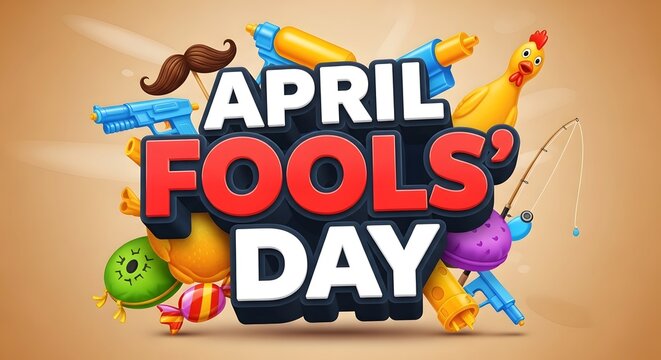April fools' day celebration with colorful toys and prank items