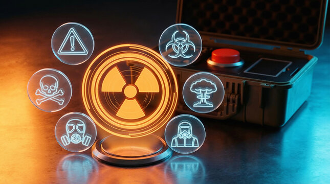Open Briefcase with Glowing Orange Radiation Symbol and Floating Hazard Icons in Abandoned Factory