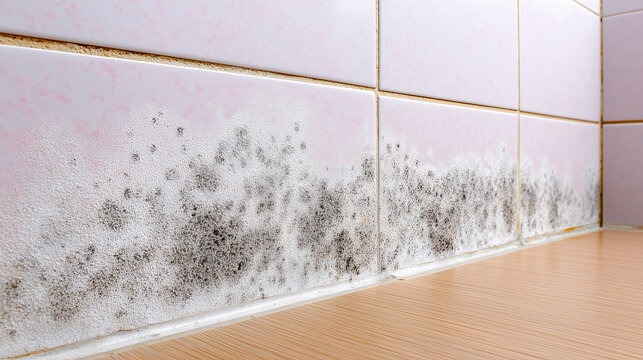 Black mold covers the lower part of a tiled wall near the floor.