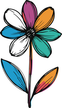 Colorful bold line art sticker of a simple flower with uneven petals, scribble style, inconsistent line thickness, minimal rough design, white background 1