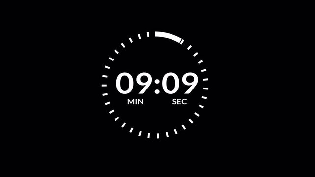 Ten minutes countdown timer in one minute, 10 minute timer countdown animation,  10 minute countdown on a transparent background.