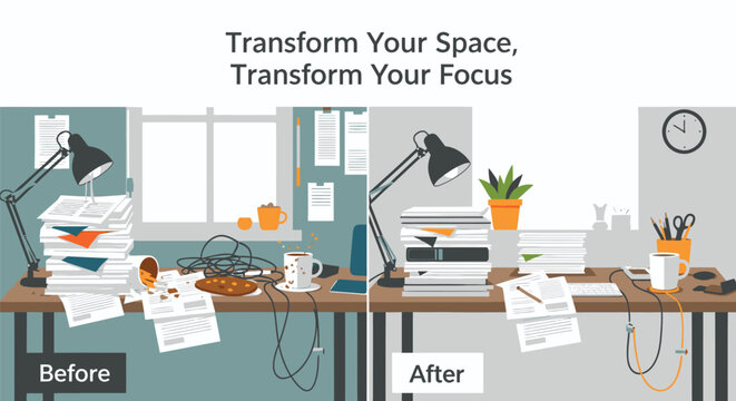 Cluttered Desk Transformation to Organized Workspace.