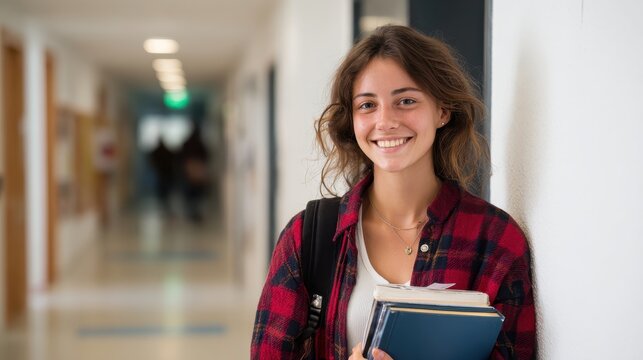 Smiling college student with backpack holding notebooks, casual campus portrait in hallway, modern education and learning concept isolated PNG with Transparent Background