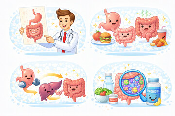 Obraz premium Healthy digestive system, doctor explaining intestine, happy stomach, intestine and liver, probiotics with healthy food, gut bacteria illustration