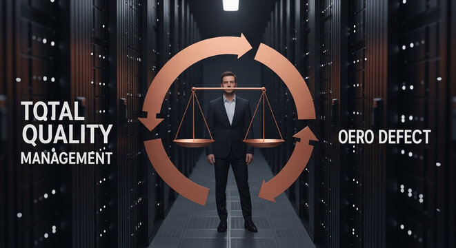 Total Quality Management and Zero Defect Concept with Businessman in Server Room.