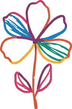 Colorful bold line art sticker of a simple flower with uneven petals, scribble style, inconsistent line thickness, minimal rough design, white background