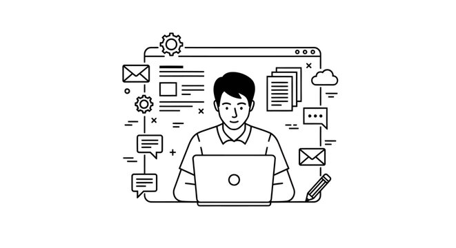 Young Man Working on Laptop with Web Development and Online Communication Interface, isolated white background.