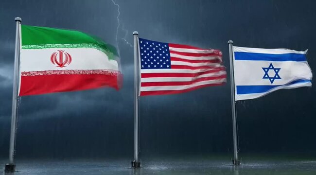 Waving flags of Iran, USA, and Israel under stormy sky, symbolizing political conflict 4k