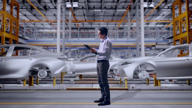Full Body Side View Of An Asian Male Professional Worker Standing With His Tablet In Car Manufacturing Assembly Line, He Is Nodding His Head With Dissapionted