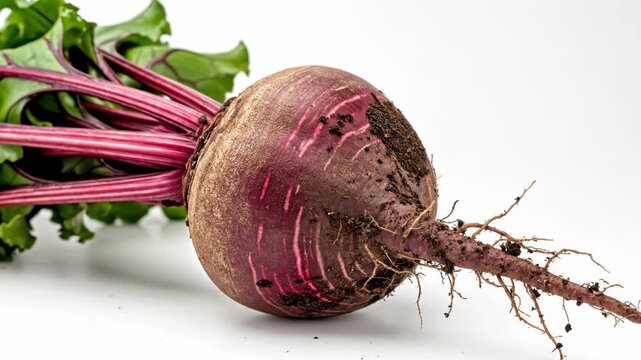 A close-up photograph of a freshly harvested, round, dark red beetroot with leafy green and pink stems