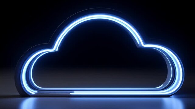 Neon cloud icon symbolizing computing technology on dark background