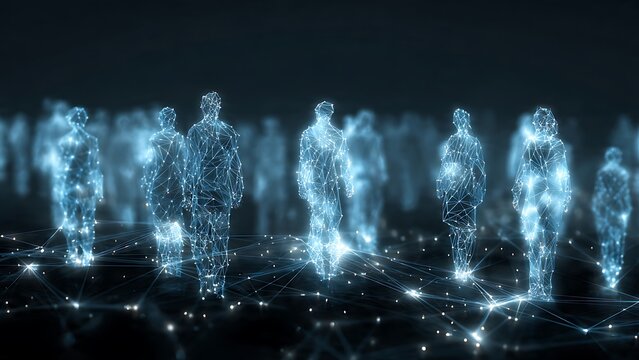 Futuristic digital crowd connected by an intricate network, symbolizing global communication, data flow, and the evolving landscape of technology and human interaction