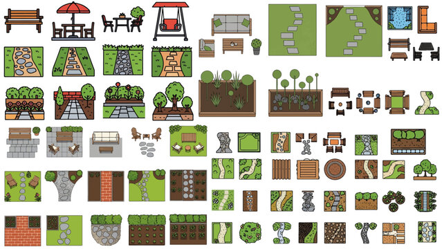 garden design assets featuring outdoor furniture, architecture elements, farming tiles, plants, trees, and cozy backyard landscape layouts set.