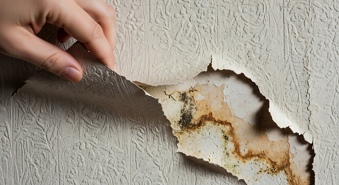Serious moisture problems and fungal growth revealed behind deteriorating wallpaper in a residence