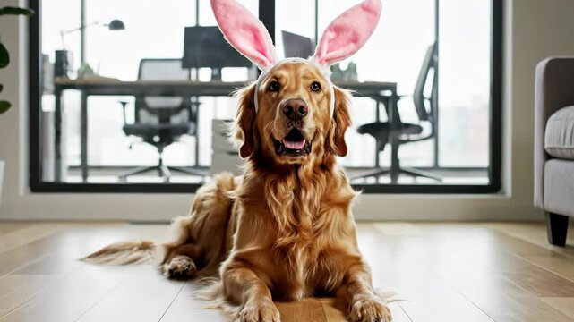 Golden Retriever Dog Wearing Pink Bunny Ears Lying on Wooden Floor