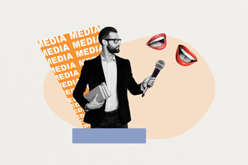Obraz na płótnie Canvas Image full pop trend collage of happy man hold book microphone propaganda fake news social media mouth proclaim information
