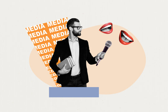 Image full pop trend collage of happy man hold book microphone propaganda fake news social media mouth proclaim information