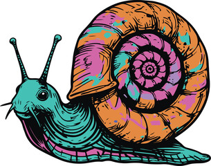 Colorful bold line art sticker of a snail with a badly drawn spiral shell, rough hand-drawn style, uneven lines, white background 1 © Lain Art Master