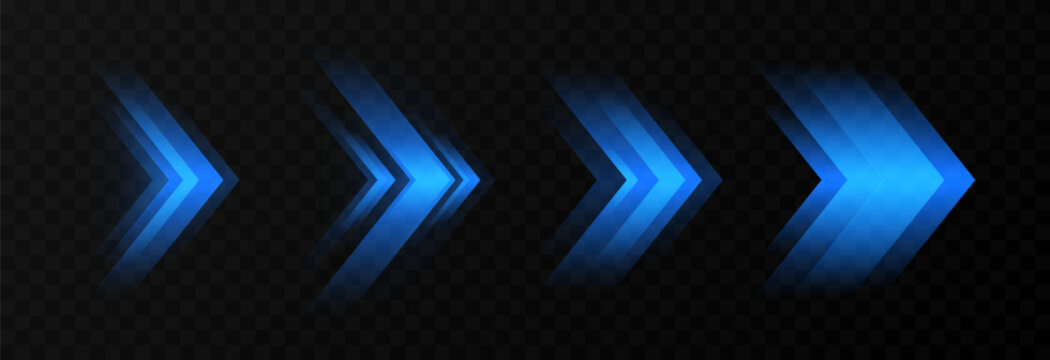 Set of glowing blue arrows PNG. Dynamic glowing arrows showing speed and motion. Neon arrows PNG.