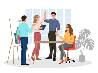 Fototapeta premium Group of colleagues working in an office in flat style on bright background, showing teamwork and success. Vector illustration