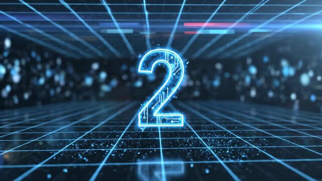 Digital countdown numbers appear and dissolve on a futuristic grid background. Glowing circuit patterns illuminate the scene. Abstract technology concept.
