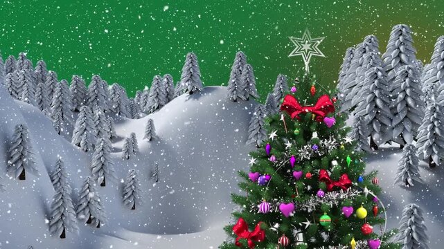 Animation of snow falling over christmas tree and winter landscape on green background