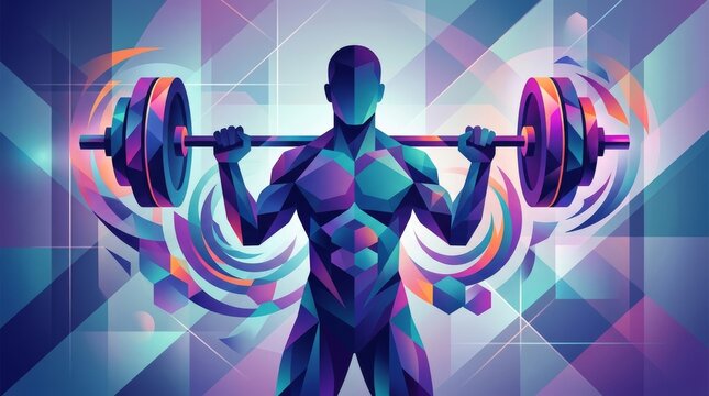 A stylized figure lifting a barbell surrounded by dynamic colorful shapes and patterns