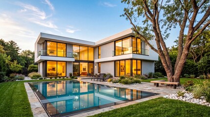 Modern luxury home with a large swimming pool and landscaped garden at twilight