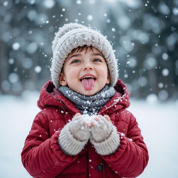 Happy child standing outdoors in falling snow trying to catch snowflakes with tongue