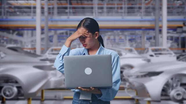 Asian Female With Her Laptop In Car Manufacturing Assembly Line, She Is Nodding Her Shead With Dissapionted