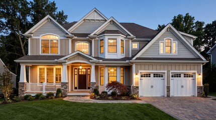 Elegant American Craftsman Style Home with a Front Porch Two-Car Garage and Lush Landscaping Beautifully Illuminated at Dusk