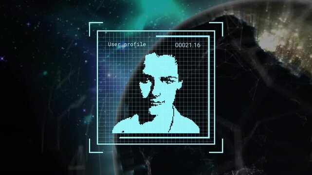 Animation of multiple digital images over rotating globe against space