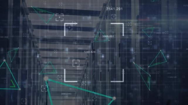Animation of viewfinder and connected dots forming triangle over server room