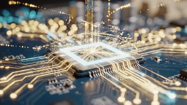 Glowing CPU processing complex data on an intricate motherboard, illustrating the immense power of artificial intelligence and big data in shaping cutting edge computing technology