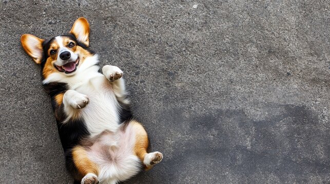 A happy tricolor Corgi dog lying down with legs akimbo