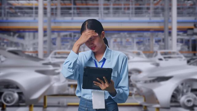 Asian Female With Her Tablet In Car Manufacturing Assembly Line, She Is Nodding Her Shead With Dissapionted