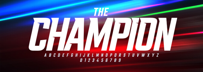 Bold Sporty Font with Sharp Edges and Strong Condensed Style, Perfect for Sports League Headlines, Race Poster and Champion Theme Title, Team Jersey T-short letters and numbers set. Vector typeset