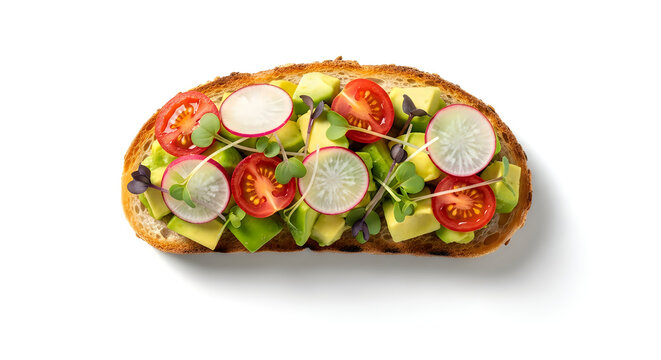 Delicious avocado toast with cherry tomatoes and radish on white background