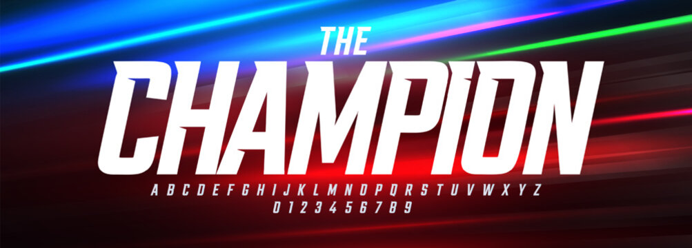 Bold Sporty Font with Sharp Edges and Strong Condensed Style, Perfect for Sports League Headlines, Race Poster and Champion Theme Title, Team Jersey T-short letters and numbers set. Vector typeset