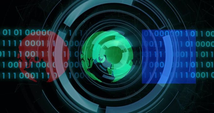 Rotating digital globe with binary code and data processing animation